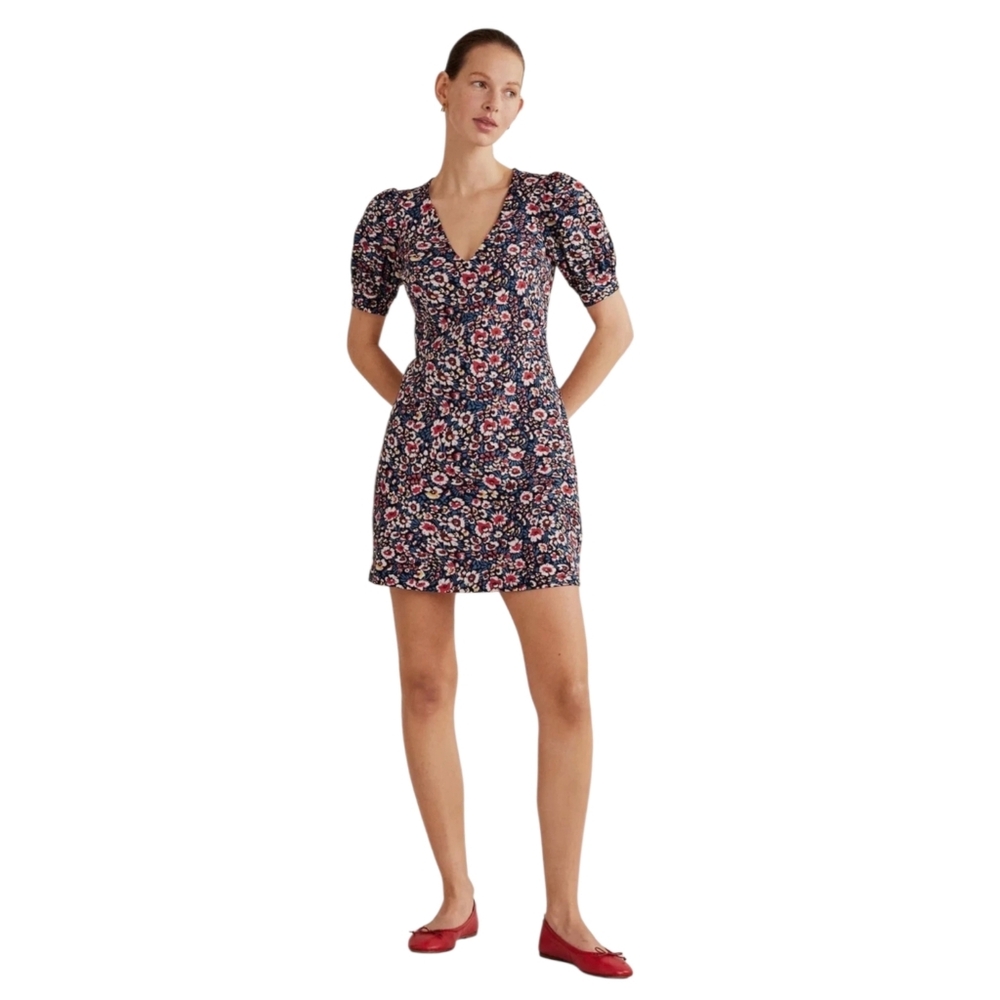 Boden V-neck Floral Mini Dress Cotton Short Puff Sleeves  Blue Red Women’s 8L
